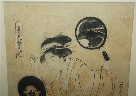 Chobunsai Eishi Geisha dressing her hair, 14.5 x 9.5in.